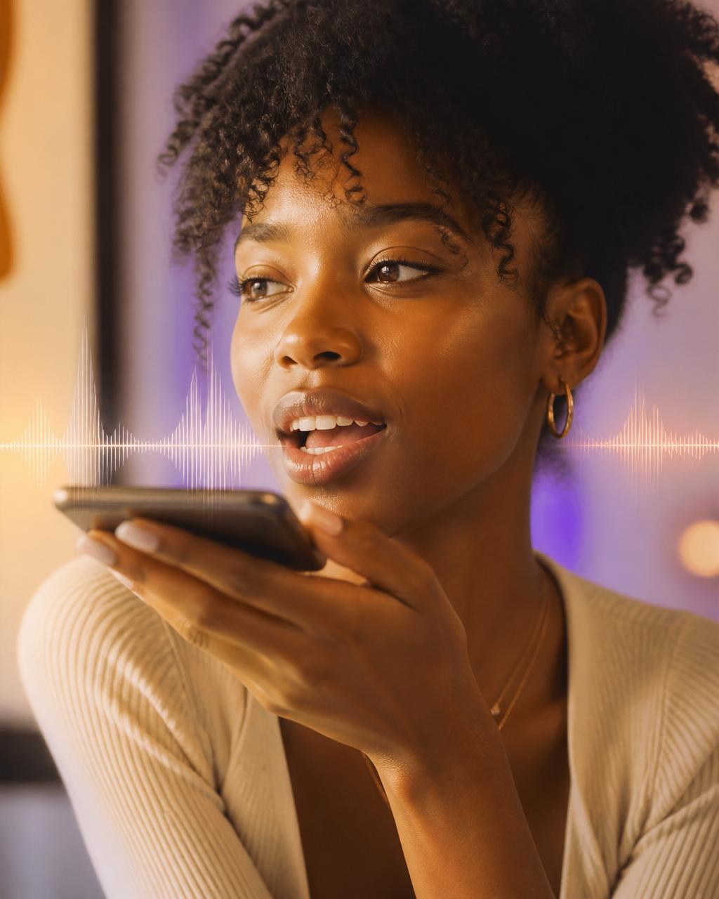 Gen Z woman recording her elevator pitch with a soft audio waveform glow