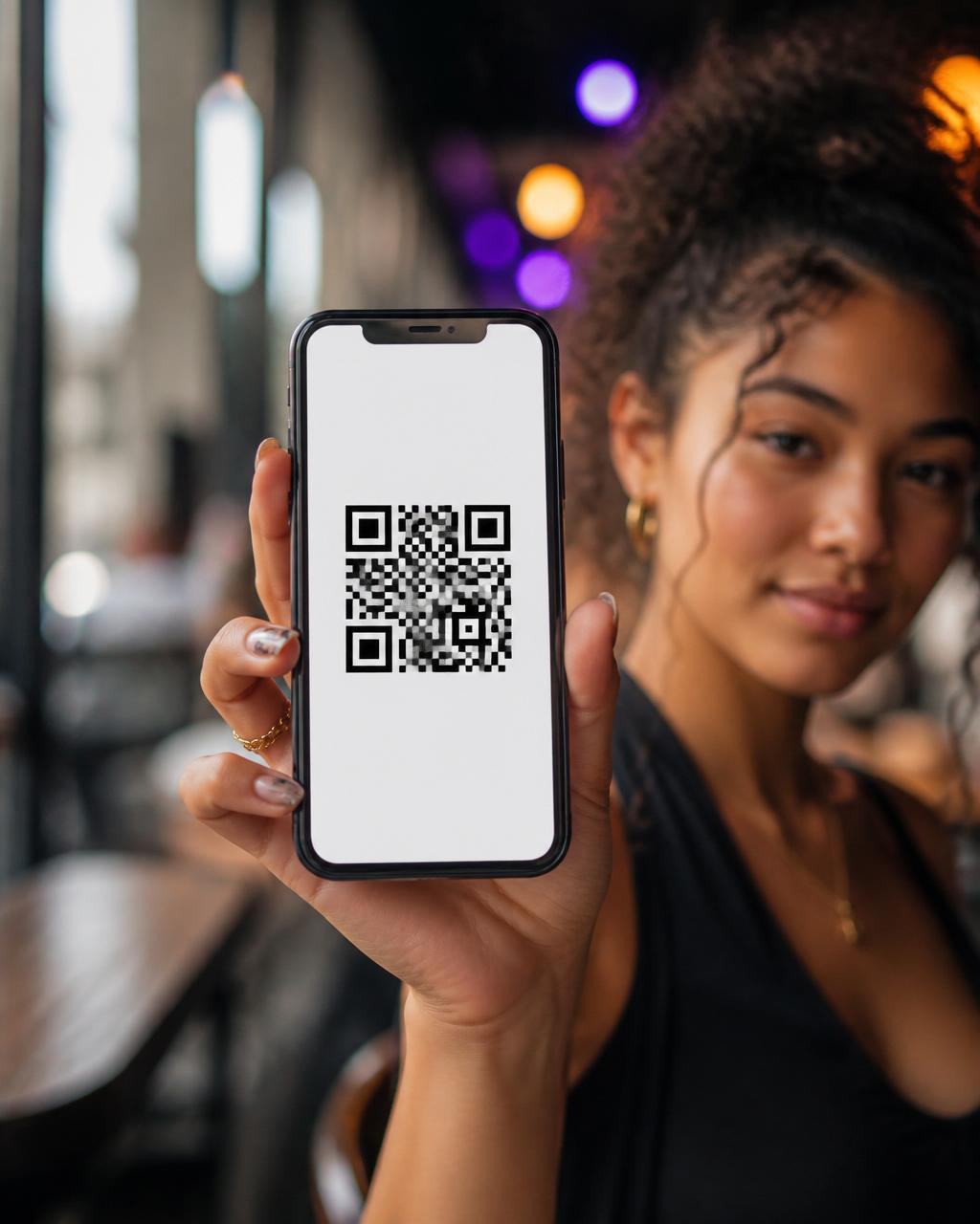 Gen Z woman holding up her phone showing a QR code in a warm cafe