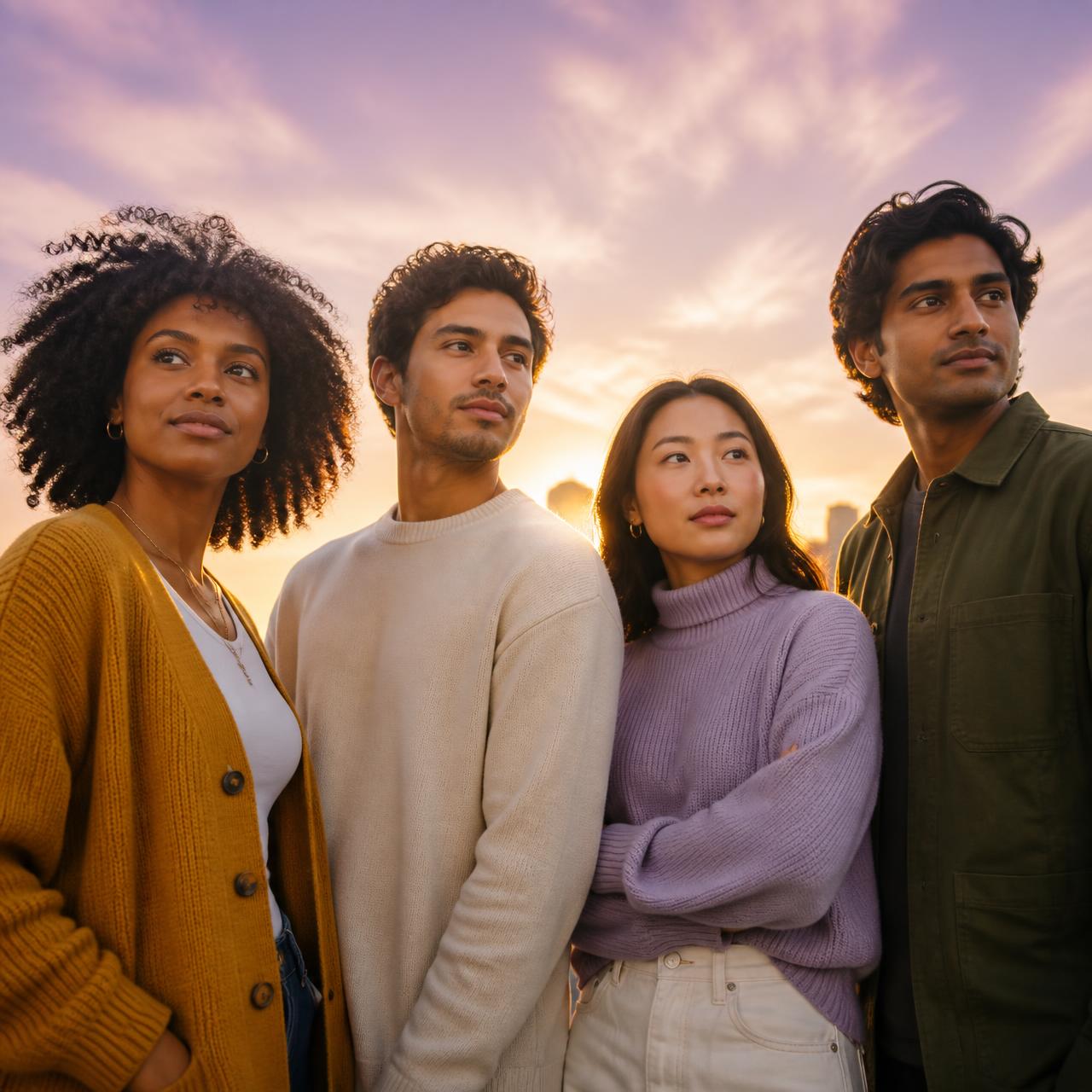 Four diverse Gen Z founders standing together at golden hour