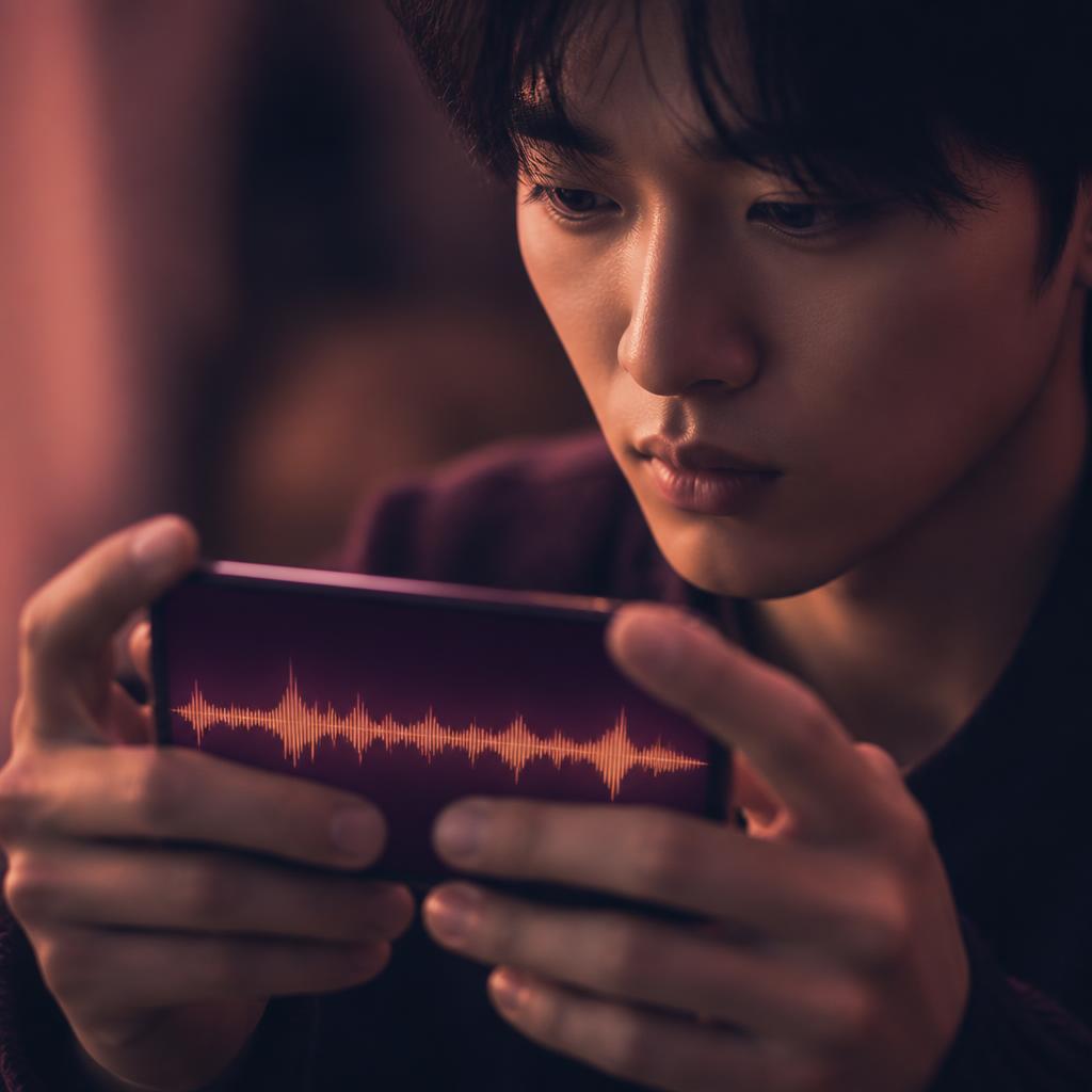 A young East Asian man's hands holding a phone showing an audio waveform