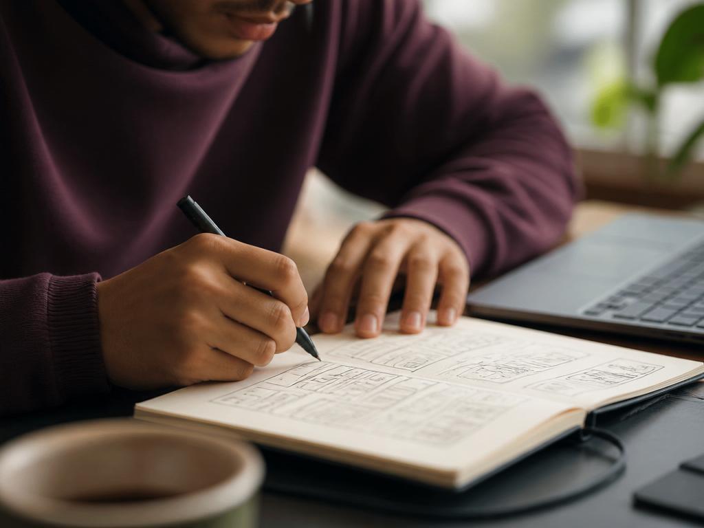 A young person sketching wireframes in a notebook