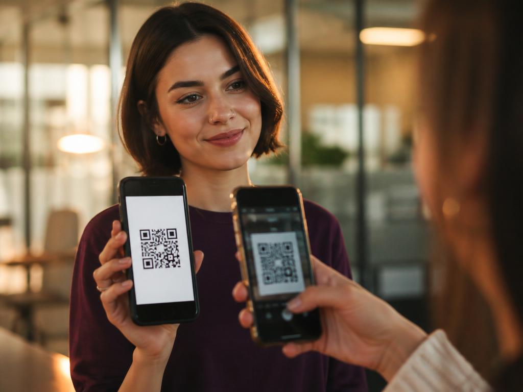 One phone shows a QR code as another phone scans it