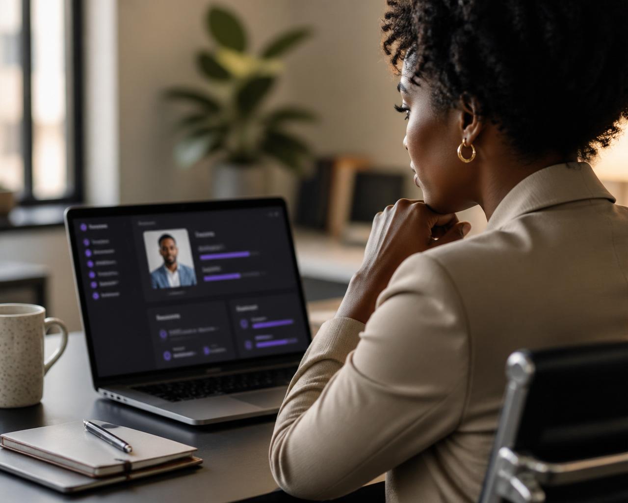Black woman recruiter reviewing a candidate profile on her laptop