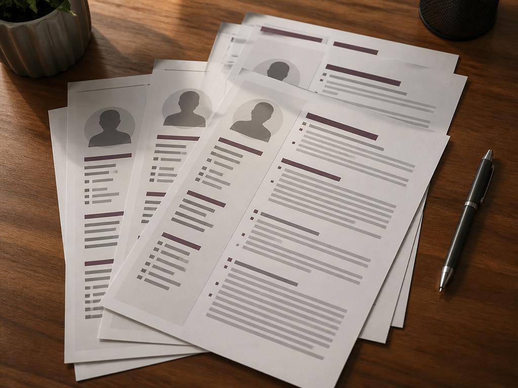 A stack of nearly identical printed resumes on a desk